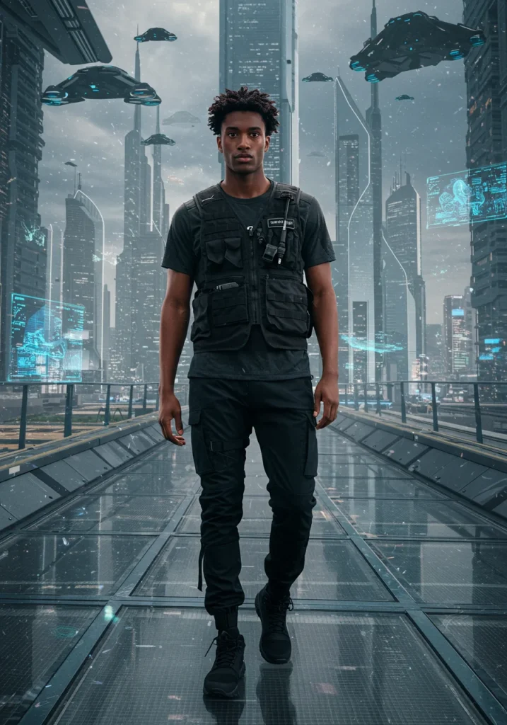 Black techwear outfit with utility vest and tactical sneakers.