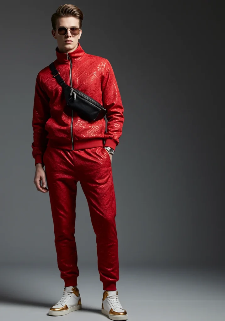 Bright-colored tracksuit with luxury belt bag and designer sneakers.