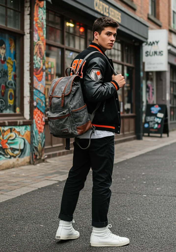 Men’s varsity jacket outfit with relaxed pants and designer sneakers.